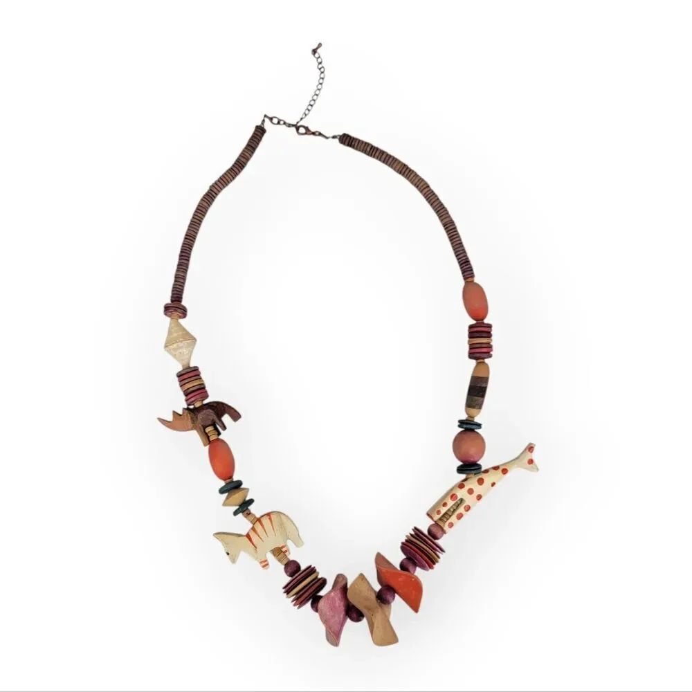 Vintage Colorful African Animal Bead Necklace Carved Wood
